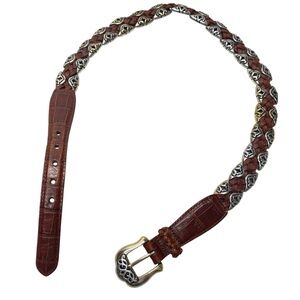 Brighton Women's Medium Camel Brown Leather Silver Plated Weaved Belt Casual